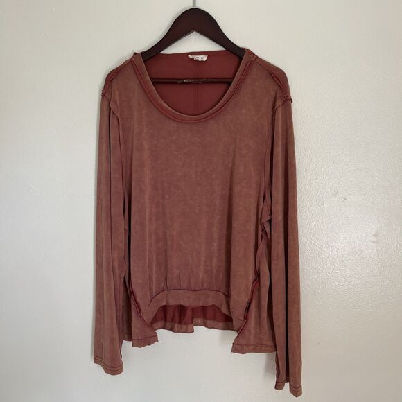 POL Raw Hem Acid Wash Scoopneck Boho Relaxed Fit Blouse, Rust Orange- Small - Picture 2 of 10
